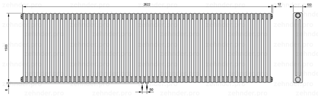 Схема (чертеж) Радиатор Zehnder Charleston 3150/57 №3470 Белый глянцевый RAL 9016